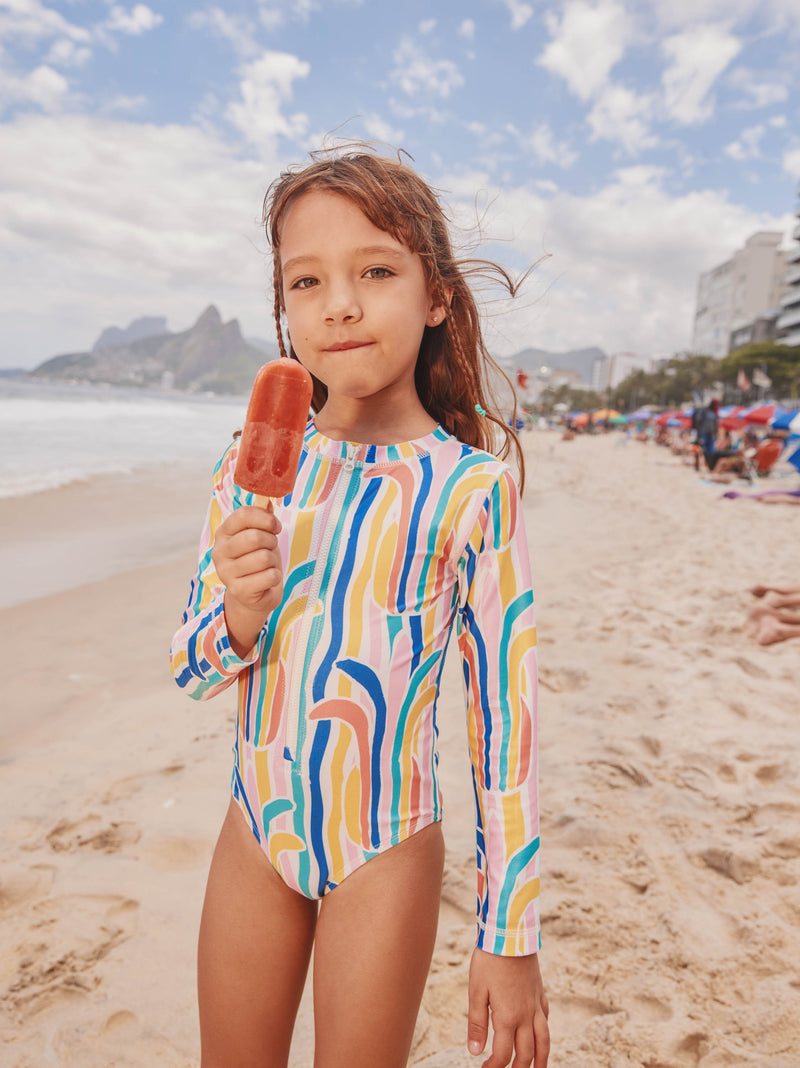 Long Sleeve One-Piece Swimsuit in Rainbow Pineapple Stripe - View 2