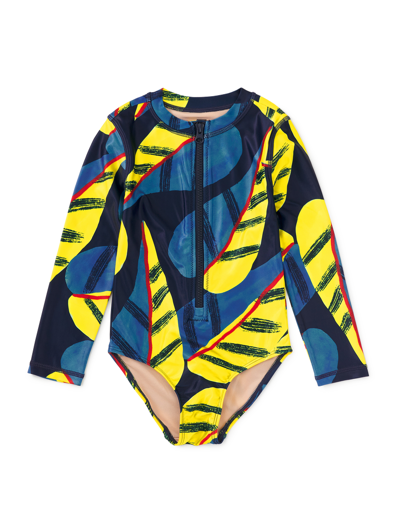 Long Sleeve One-Piece Swimsuit in Oversized Tropical Leaf - View 1