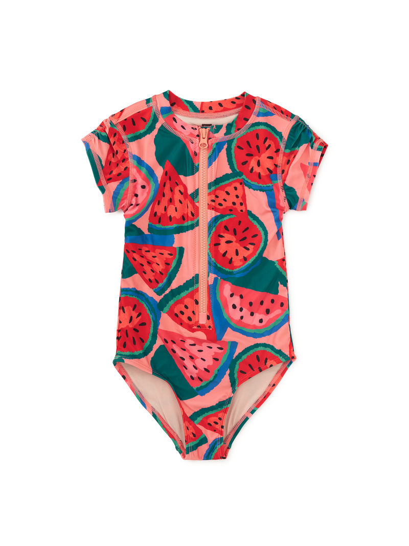 Rash Guard One-Piece Swimsuit in Wiggly Watermelons - View 1