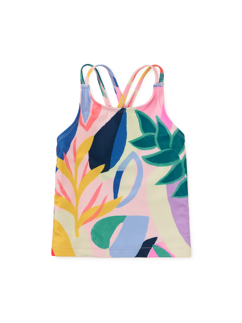 Cross Back Tankini Top in Parakeet Tropicalia - View 1