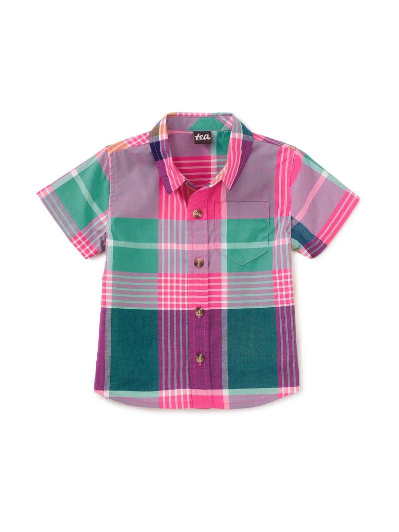 Plaid Button Up Woven Shirt in Carnival Rainbow Plaid - View 2