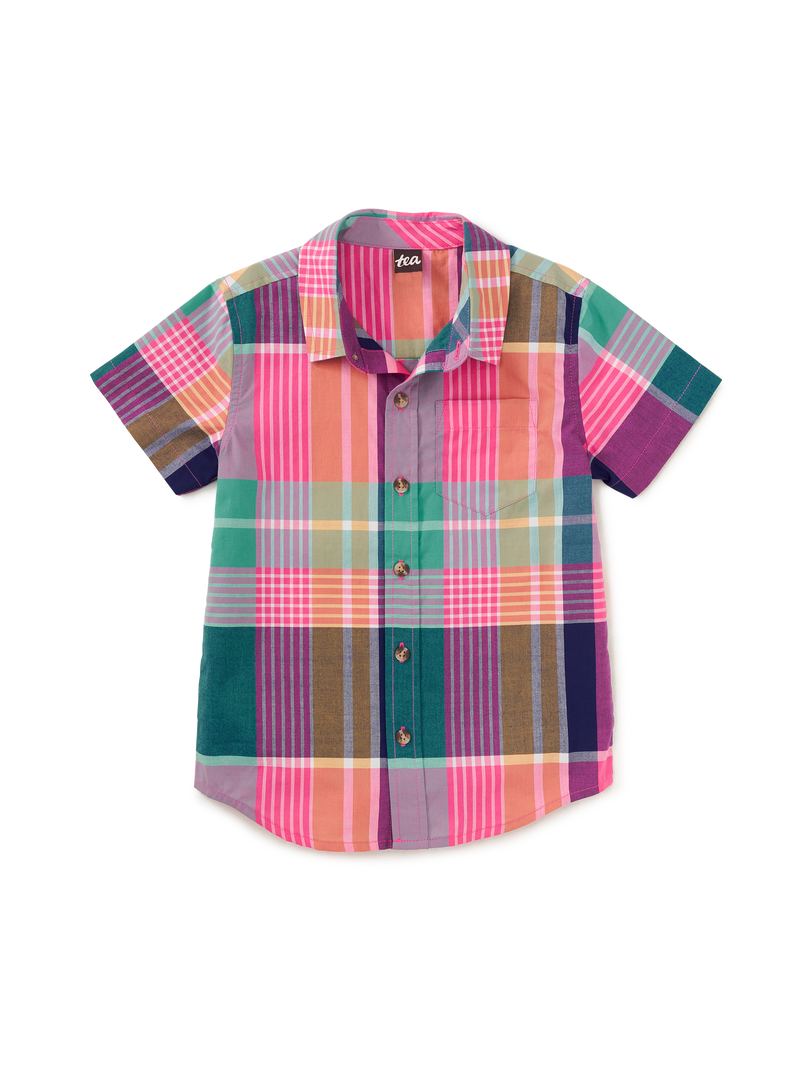 Plaid Button Up Woven Shirt in Carnival Rainbow Plaid - View 1