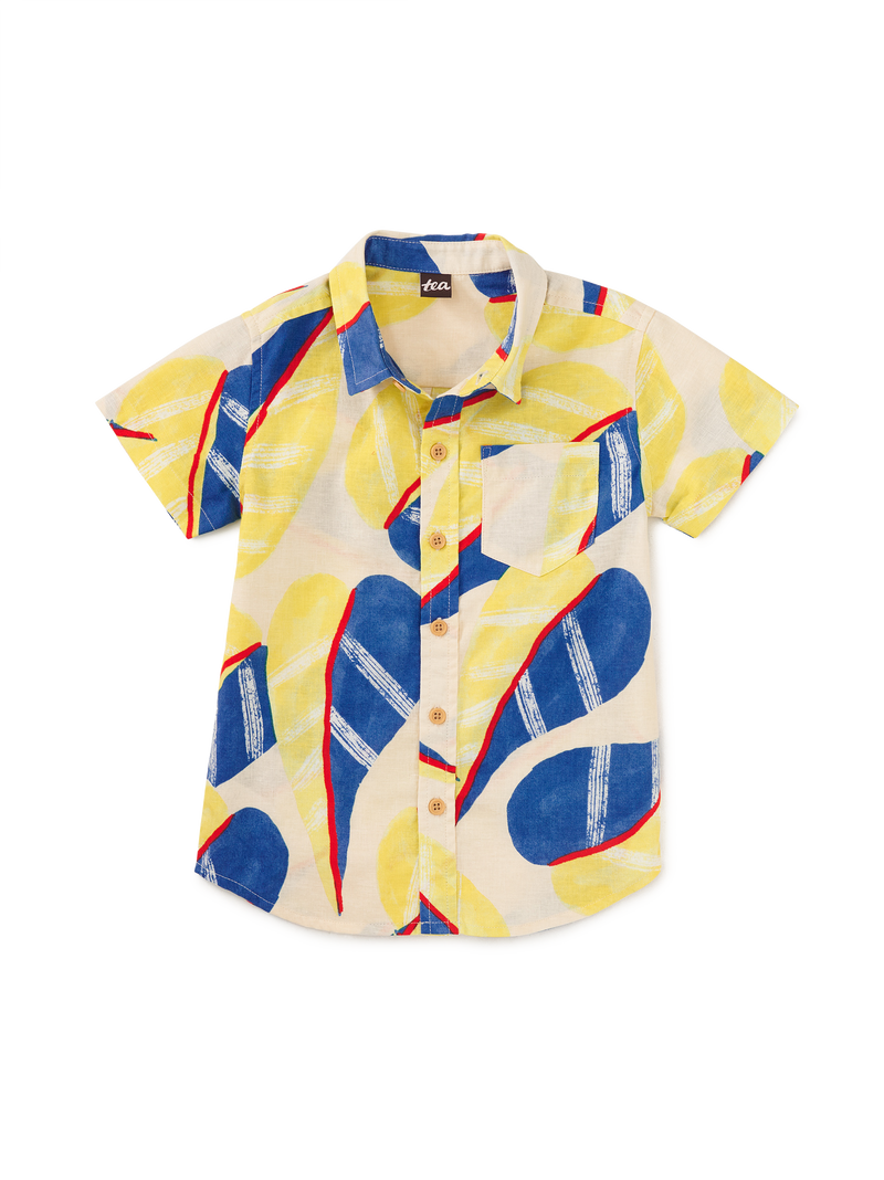 Printed Button Up Woven Shirt in Oversized Tropical Leaf - View 1
