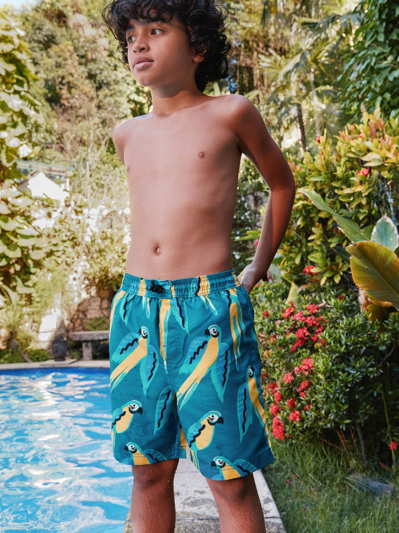 Mid-Length Swim Trunks in Blue And Yellow Macaws - View 2