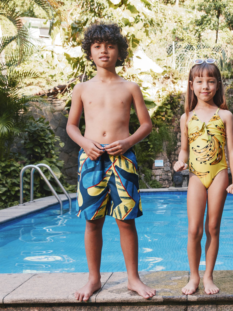 Mid-Length Swim Trunks in Oversized Tropical Leaf - View 2