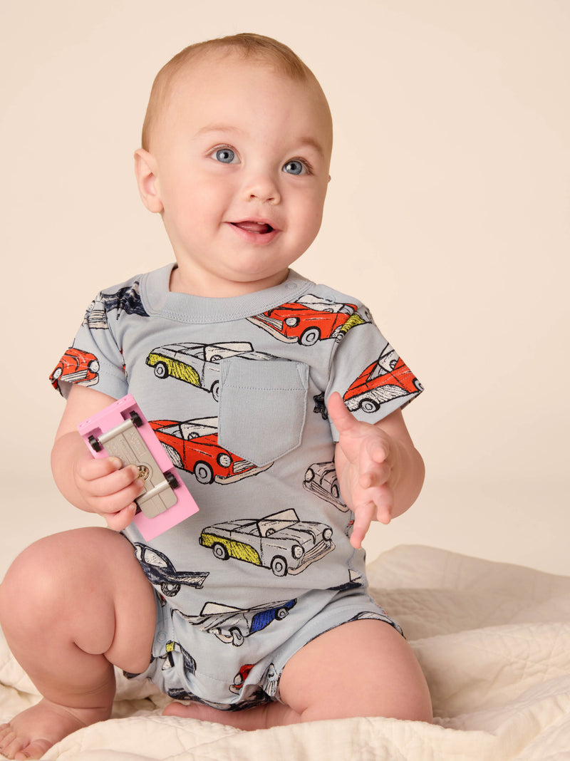 Pocket Shortie Baby Romper in Cuban Cars - View 2