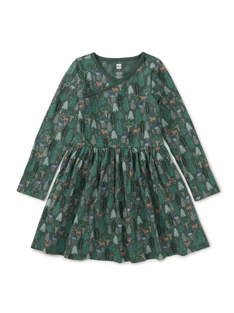Long Sleeve Wrap Neck Dress in Turkish Forest Scene - View 1