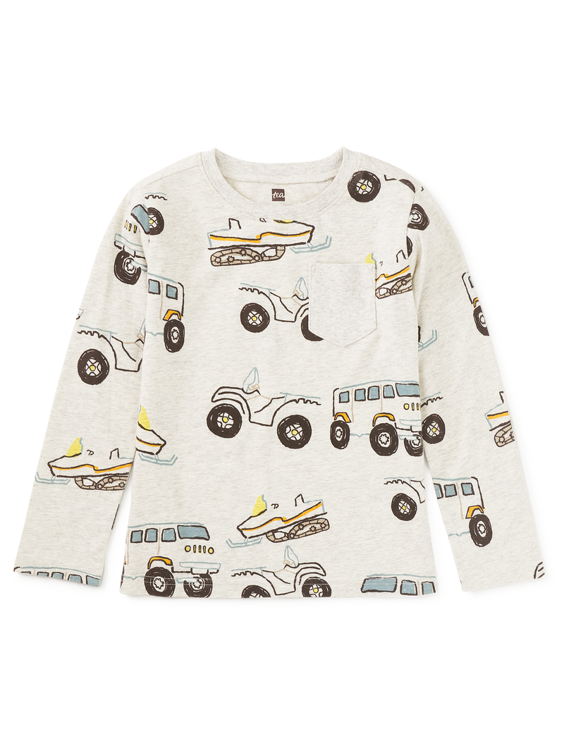 Long Sleeve Printed Pocket Tee in Snow Vehicles - View 1