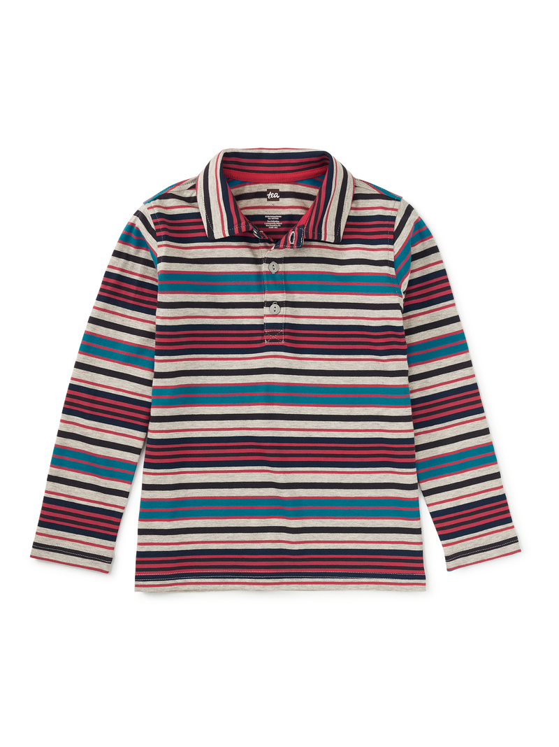 Long Sleeve Striped Polo in Med Heather Grey - View 1