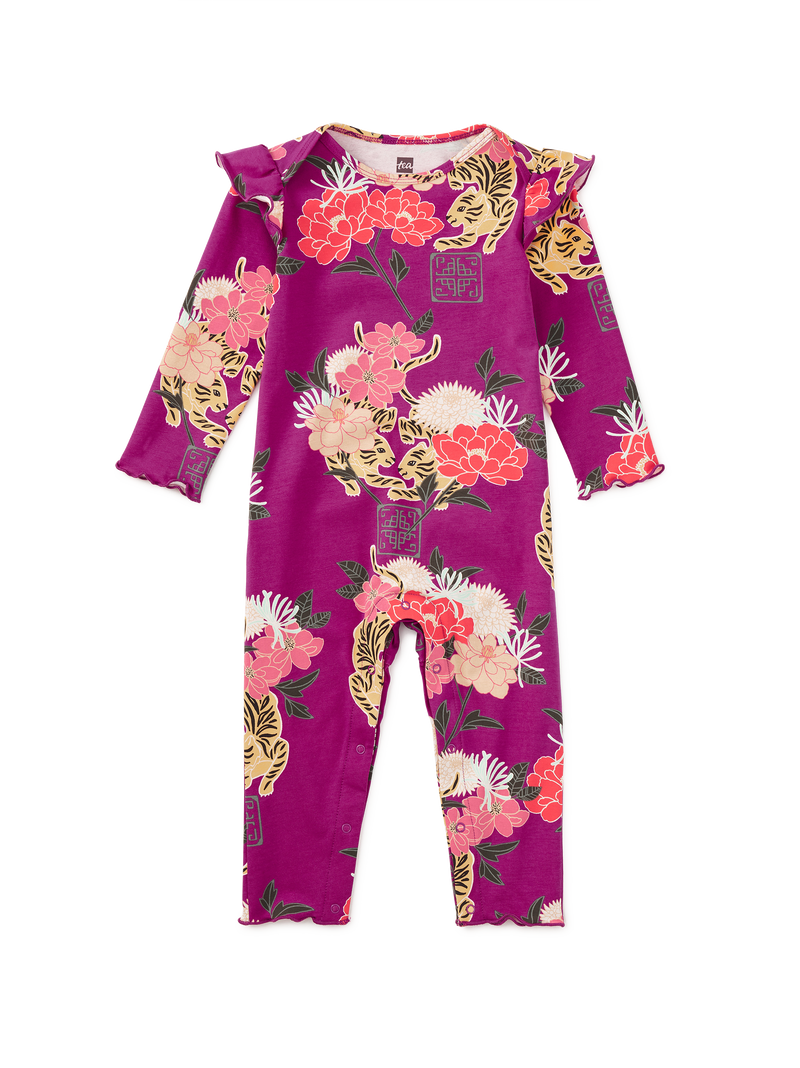 Ruffle Shoulder Baby Romper in Tiger And Peony - View 1
