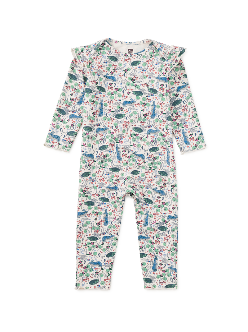 Ruffle Shoulder Baby Romper in Rabbit And Turtle Folktale - View 1