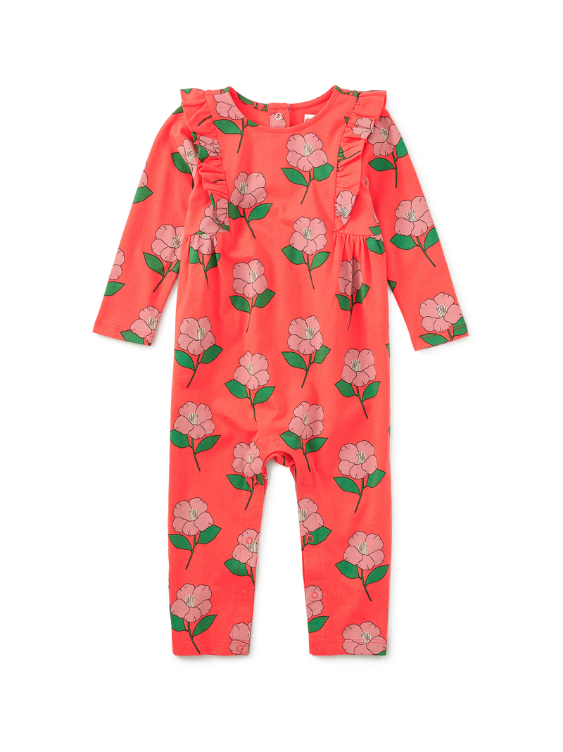 Ruffle Shoulder Baby Romper in Winter Camellia - View 1