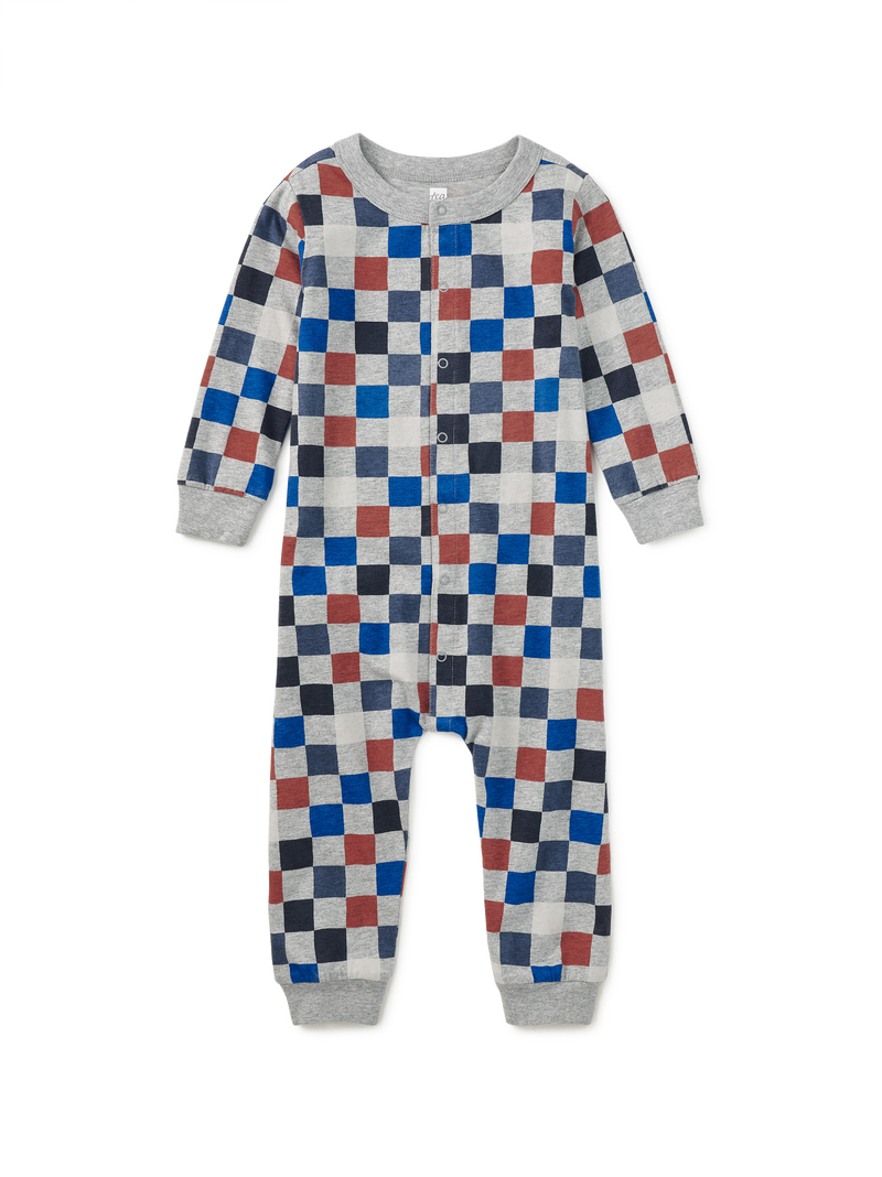 Long Sleeve Snap Front Romper in Multicolored Checkerboard - View 1