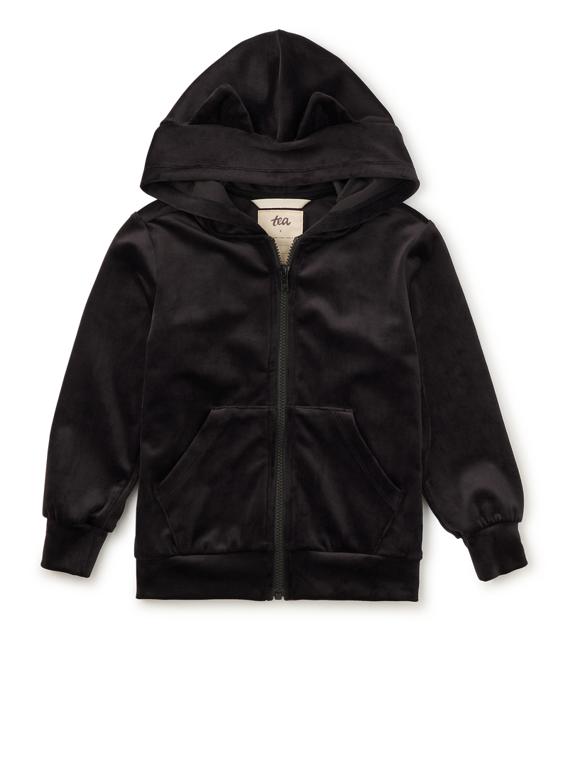 Cat Ears Velour Hoodie in Jet Black - View 1