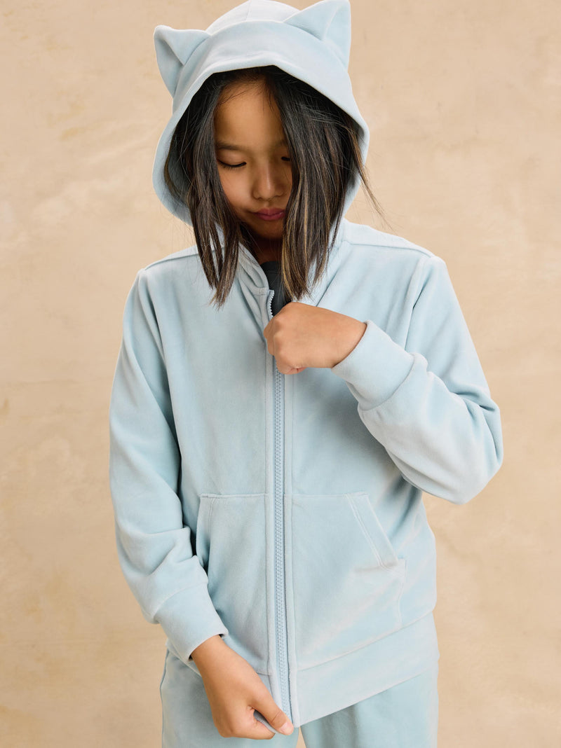 Cat Ears Velour Hoodie in Blue Fog - View 2