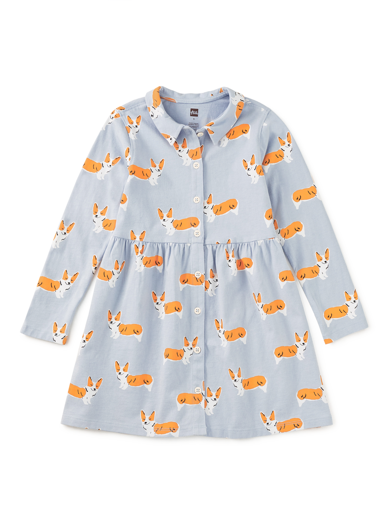 Collared Long Sleeve Shirtdres in Cutie Corgis - View 1