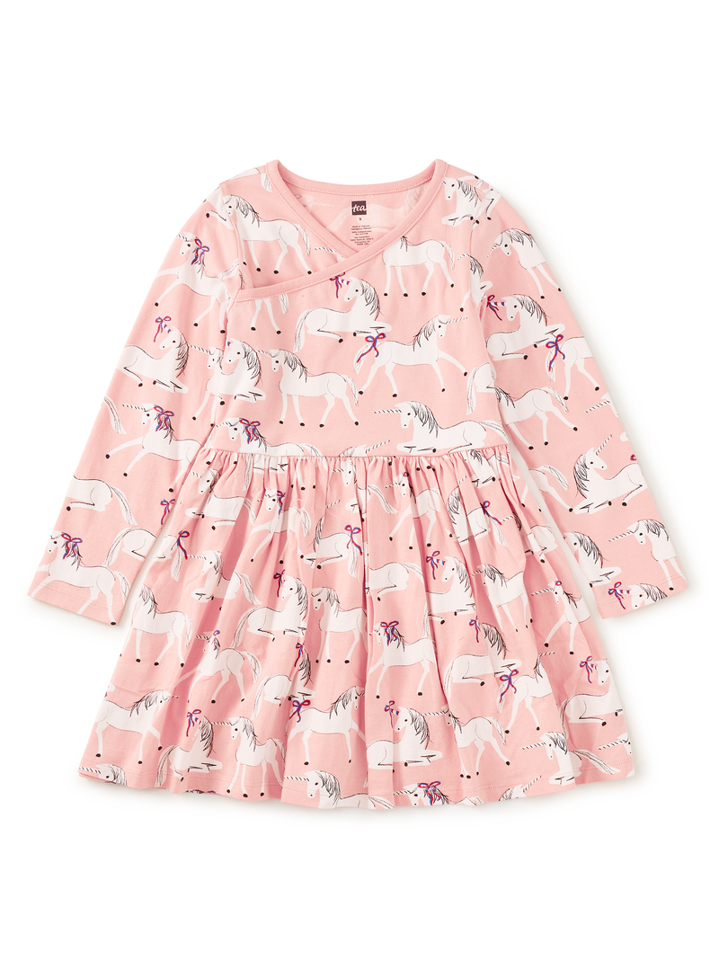 Long Sleeve Wrap Neck Dress in Royal Meadow Unicorns - View 1