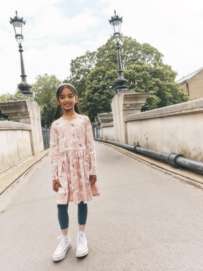 Long Sleeve Wrap Neck Dress in Royal Meadow Unicorns - View 2