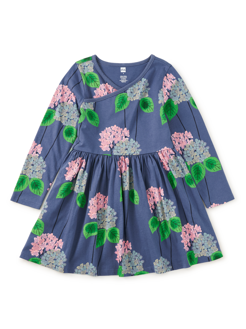 Long Sleeve Wrap Neck Dress in Cornwall Hydrangeas - View 1
