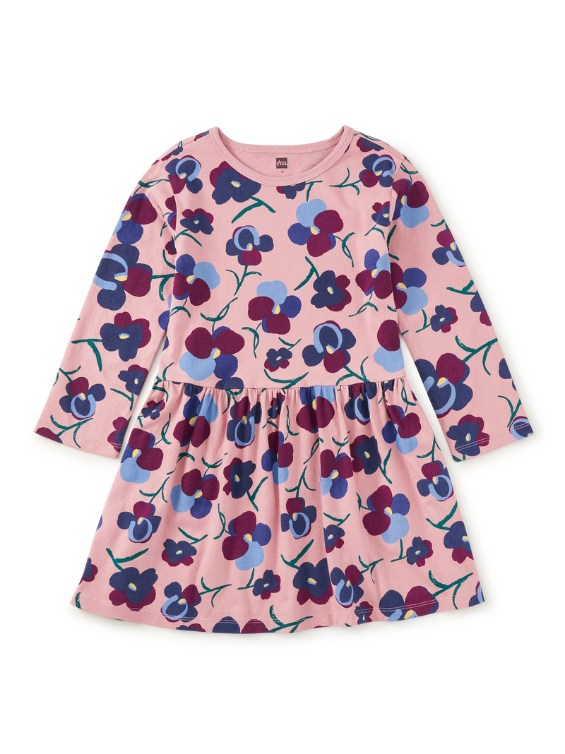 Long Sleeve Skirted Dress in Painted Pansies - View 1