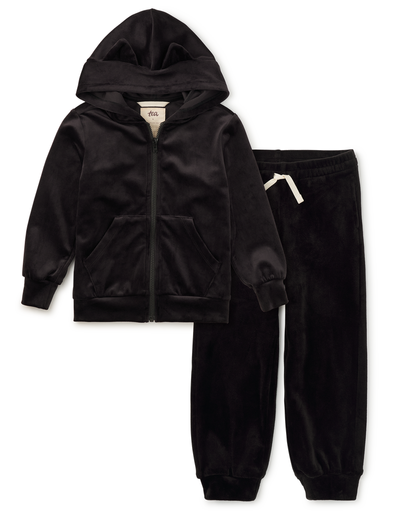 Black Velour Hoodie &amp; Joggers 2-Piece Set in 2 - View 1