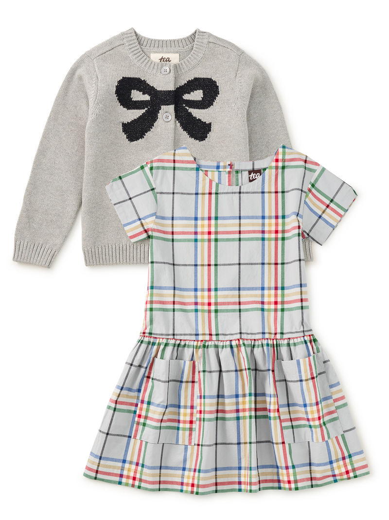 Bow Cardigan &amp; Plaid Dress 2-Piece Set in XS - View 1