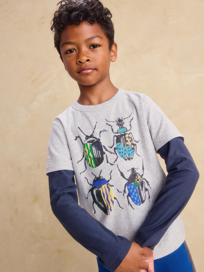 British Beetles Layered Tee in Med Heather Grey - View 2
