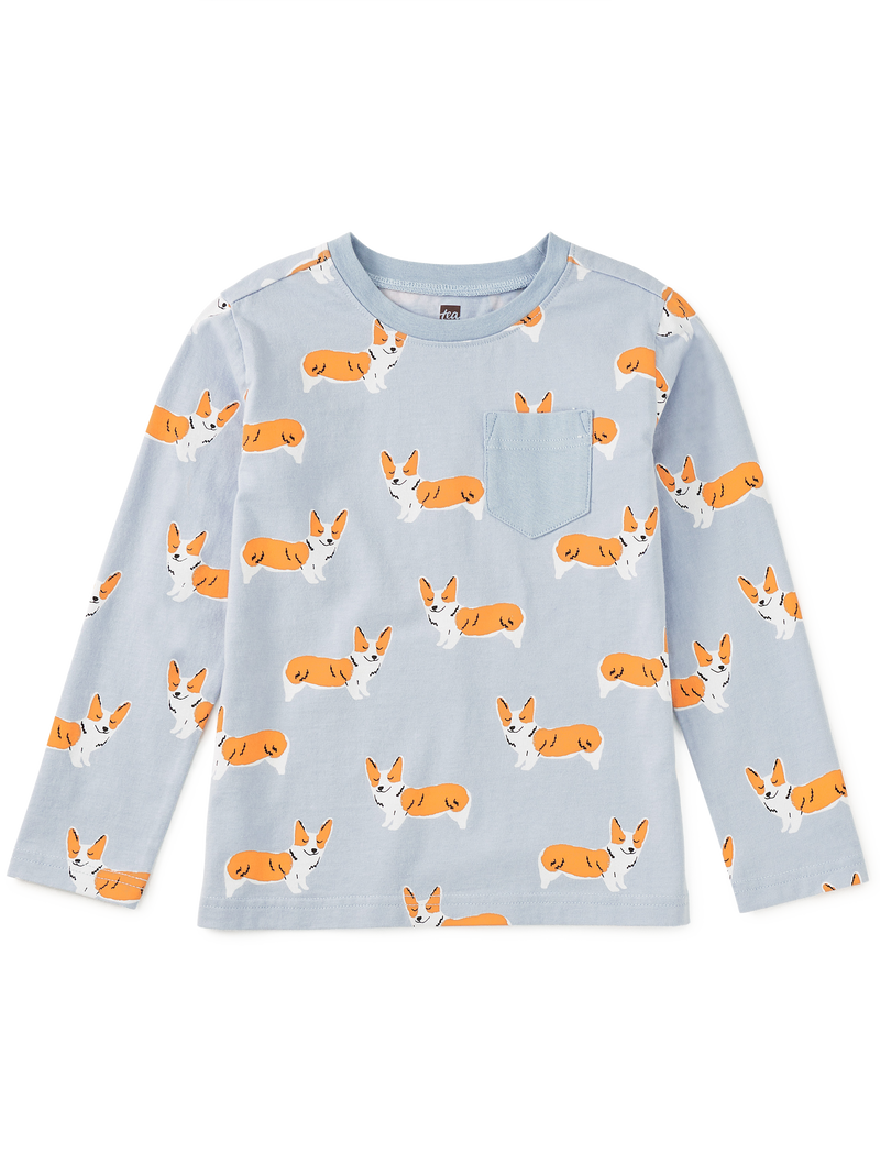 Long Sleeve Printed Pocket Tee in Cutie Corgis - View 1