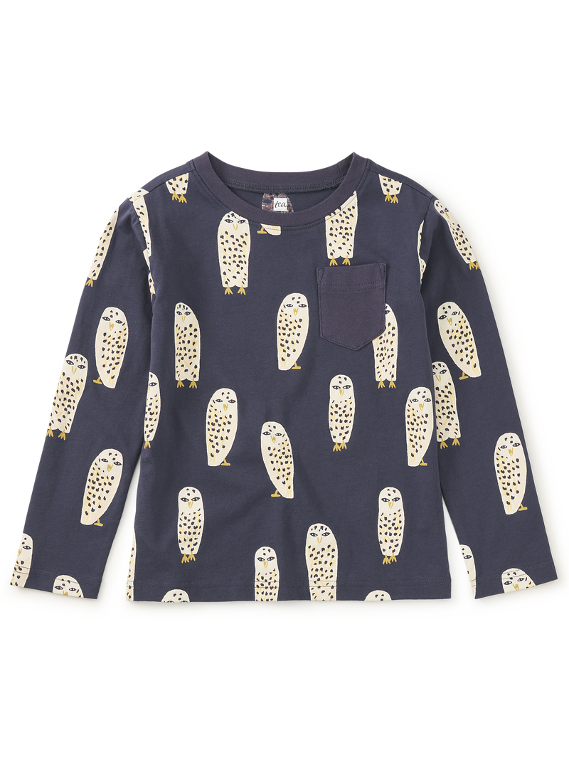 Long Sleeve Printed Pocket Tee in Snowy Owl - View 1