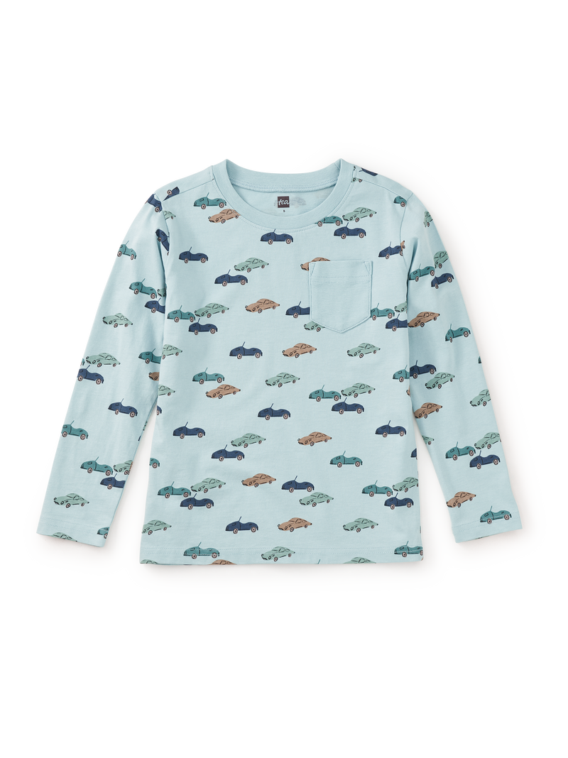 Long Sleeve Printed Pocket Tee in Mini Cars - View 1