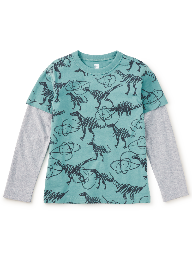 Printed Layered Sleeve Tee in Scribbled Dinosaurs - View 1