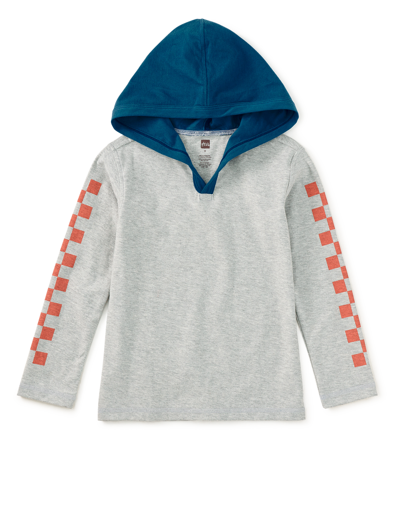 Checker Sleeves Happy Hoodie in Med Heather Grey - View 1