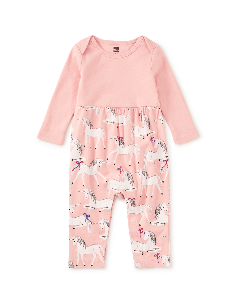 Print Mix Baby Romper in Royal Meadow Unicorns - View 1