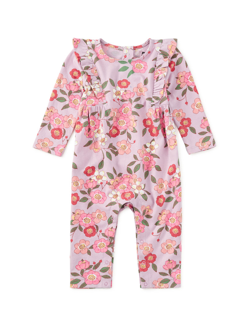 Ruffle Shoulder Baby Romper in Rosa Canina - View 1