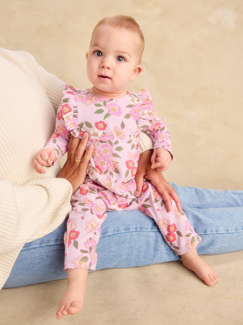Ruffle Shoulder Baby Romper in Rosa Canina - View 2