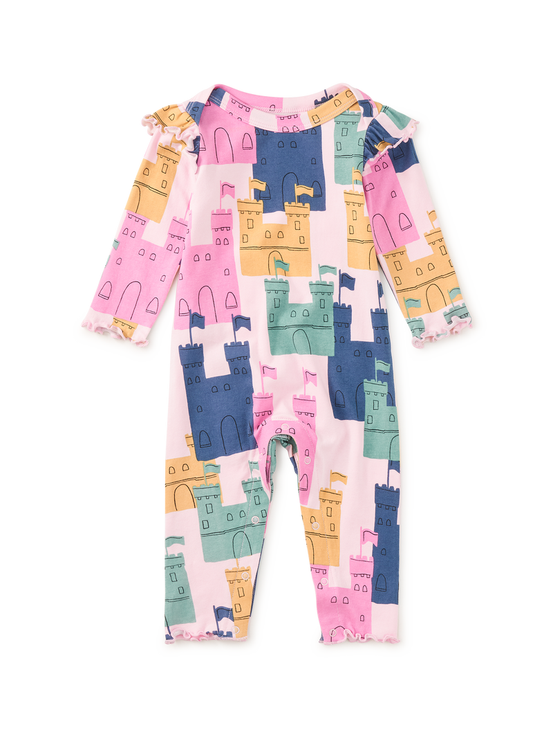 Ruffle Shoulder Baby Romper in Dover Castles - View 1