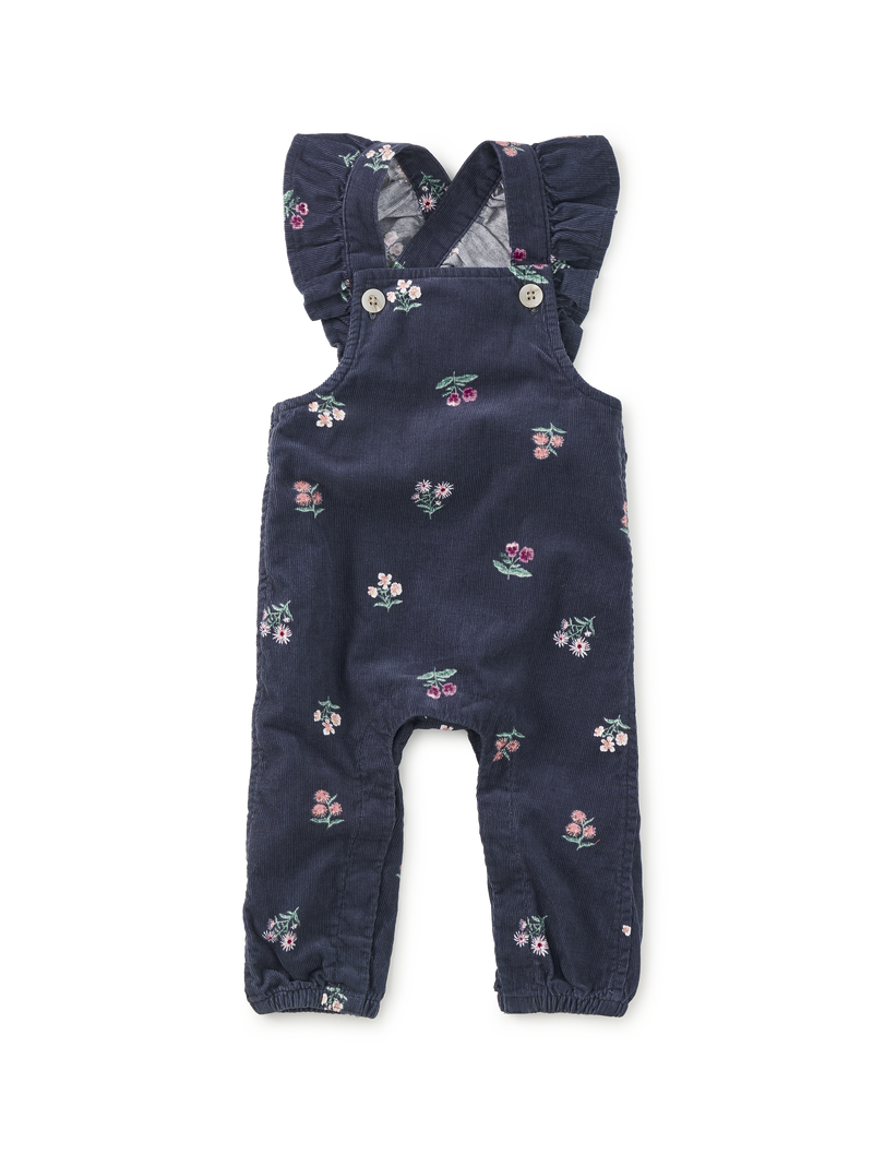Corduroy Ruffle Baby Overalls in Midnight Posy - View 1