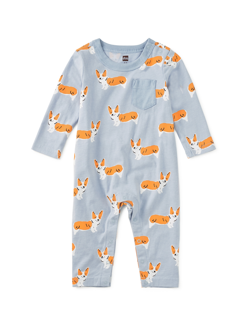 Long Sleeve Pocket Baby Romper in Cutie Corgis - View 1