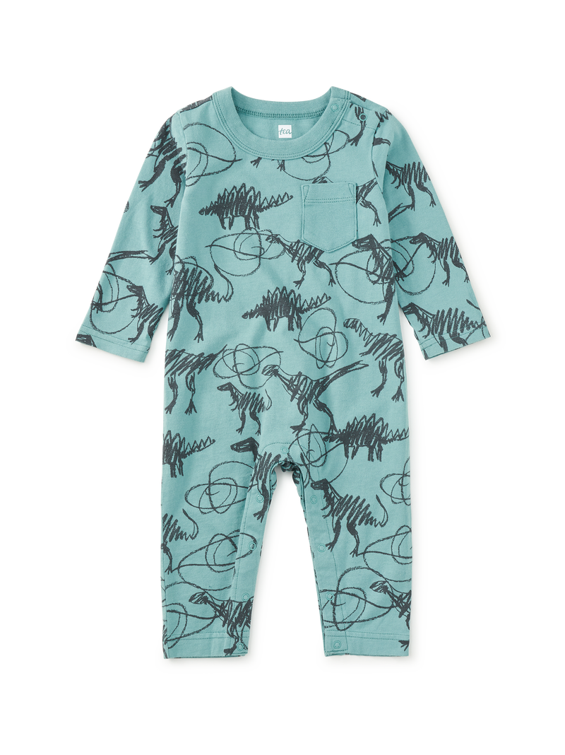 Long Sleeve Pocket Baby Romper in Scribbled Dinosaurs - View 1