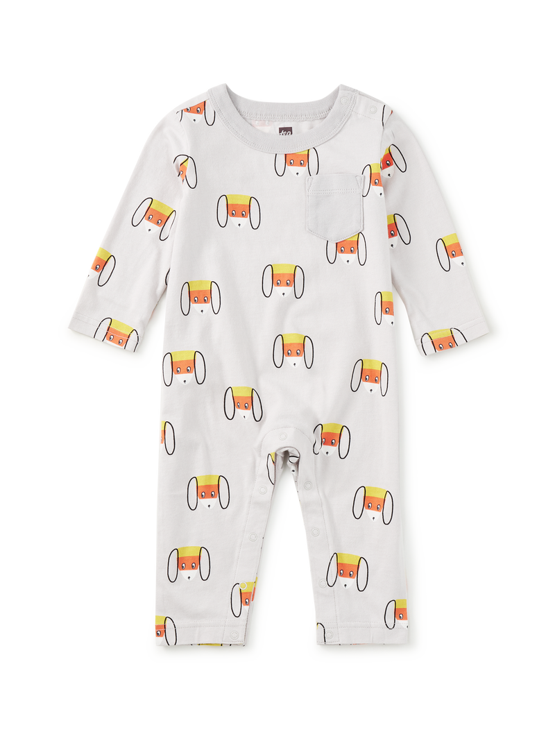 Long Sleeve Pocket Baby Romper in Candy Corn Dog - View 1