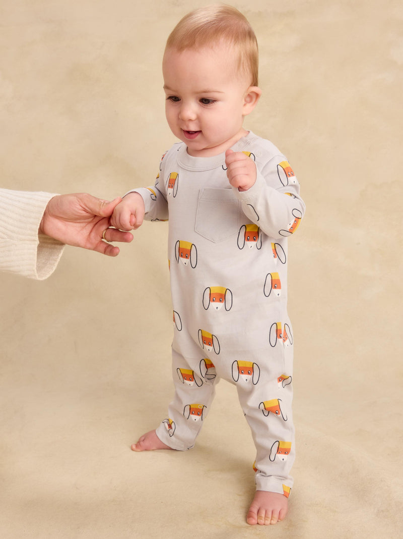 Long Sleeve Pocket Baby Romper in Candy Corn Dog - View 2