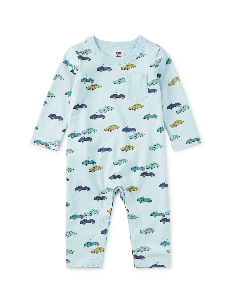 Long Sleeve Pocket Baby Romper in Mini Cars - View 1