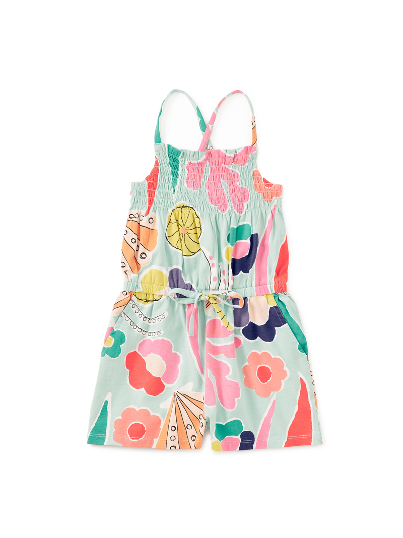 Smocked Strappy Romper in Sea Floral - View 1
