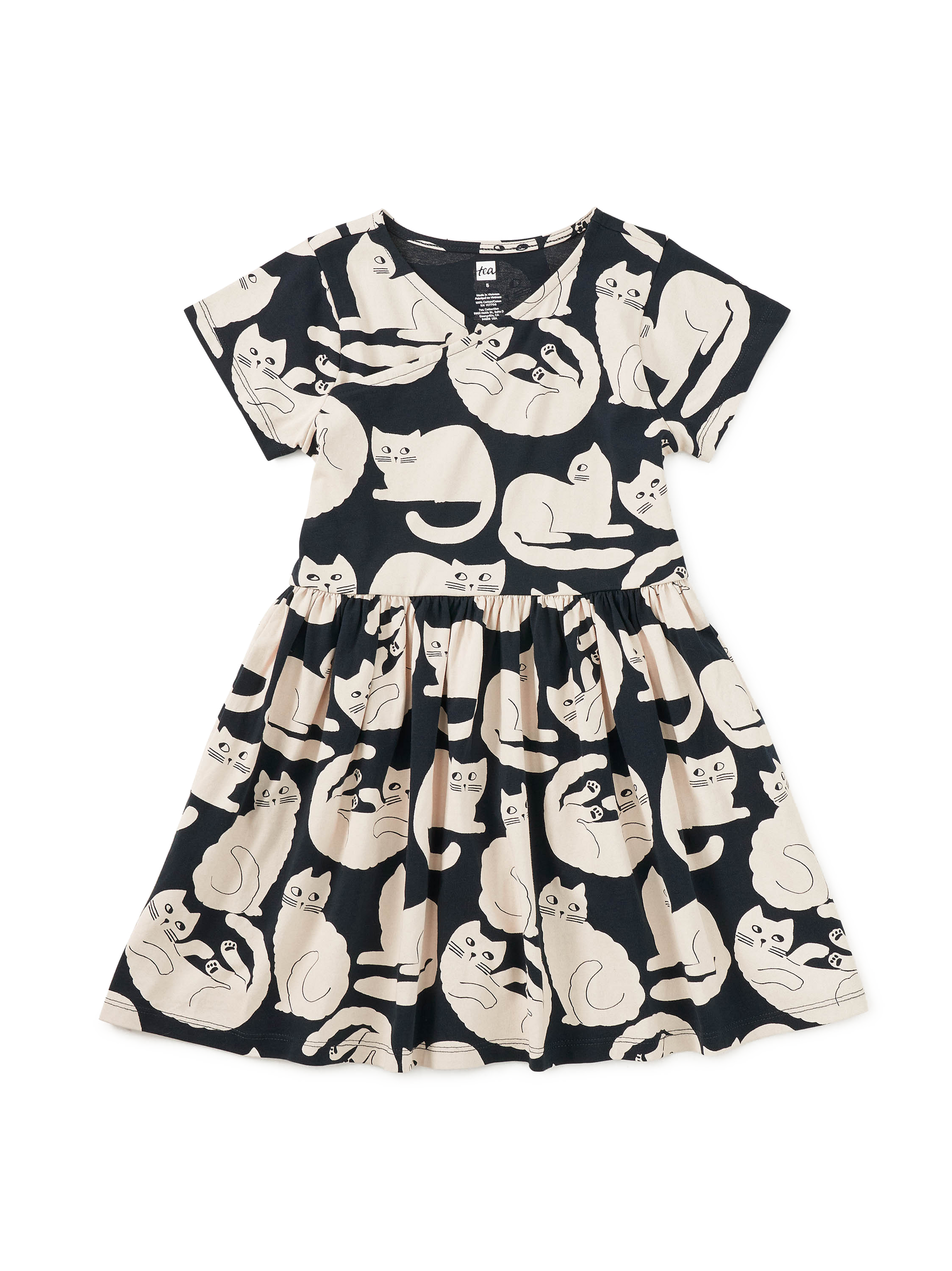 Girl Curious Cats Short Sleeve Wrap Neck Dress | Tea Collection