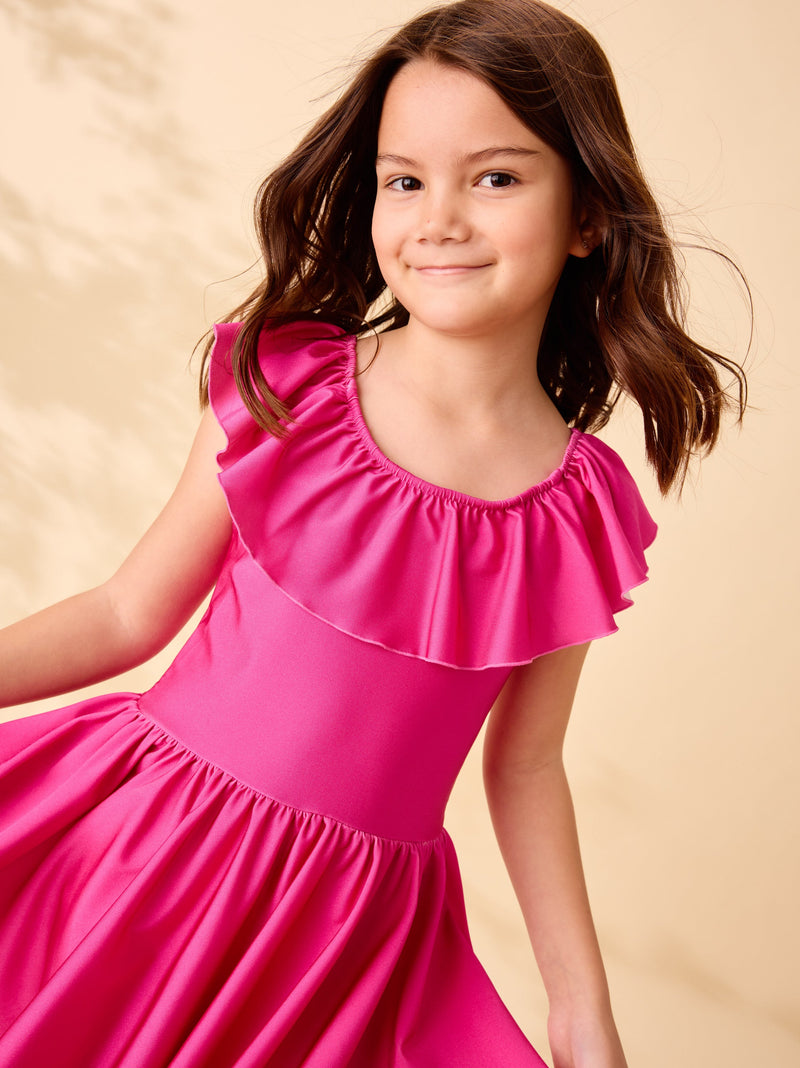 Shiny Ruffle Neck Dress in Fuchsia - View 2