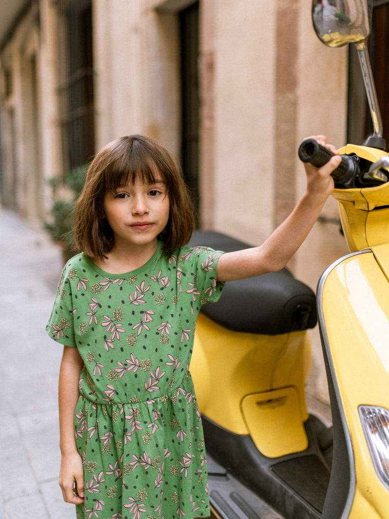 Short Sleeve Twirl Dress in Olive Floral - View 2