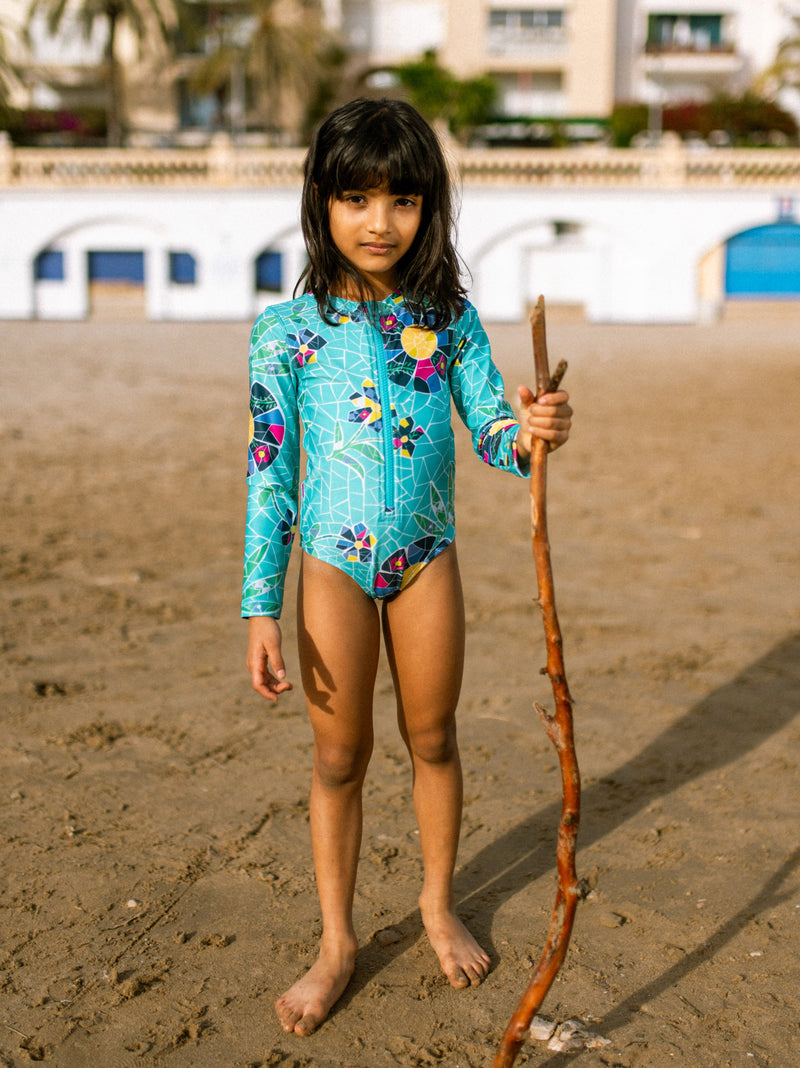 Long Sleeve One-Piece Swimsuit in Mosaic Floral - View 2