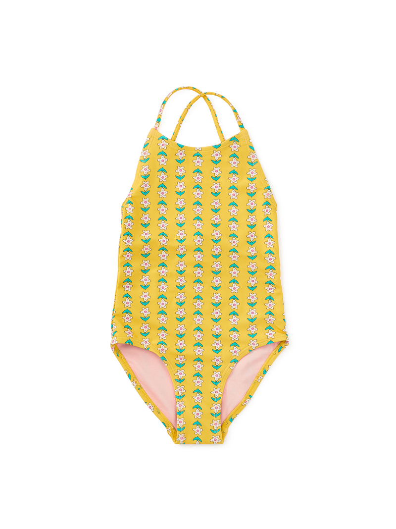 Cross Back One-Piece Swimsuit in Vintage Floral Tile - View 1