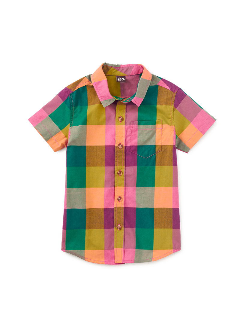Plaid Button Up Woven Shirt in Barcelona Plaid - View 1