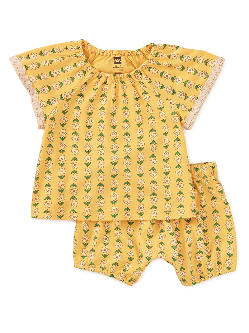 Printed Crochet Trim Baby Set in Vintage Floral Tile - View 1